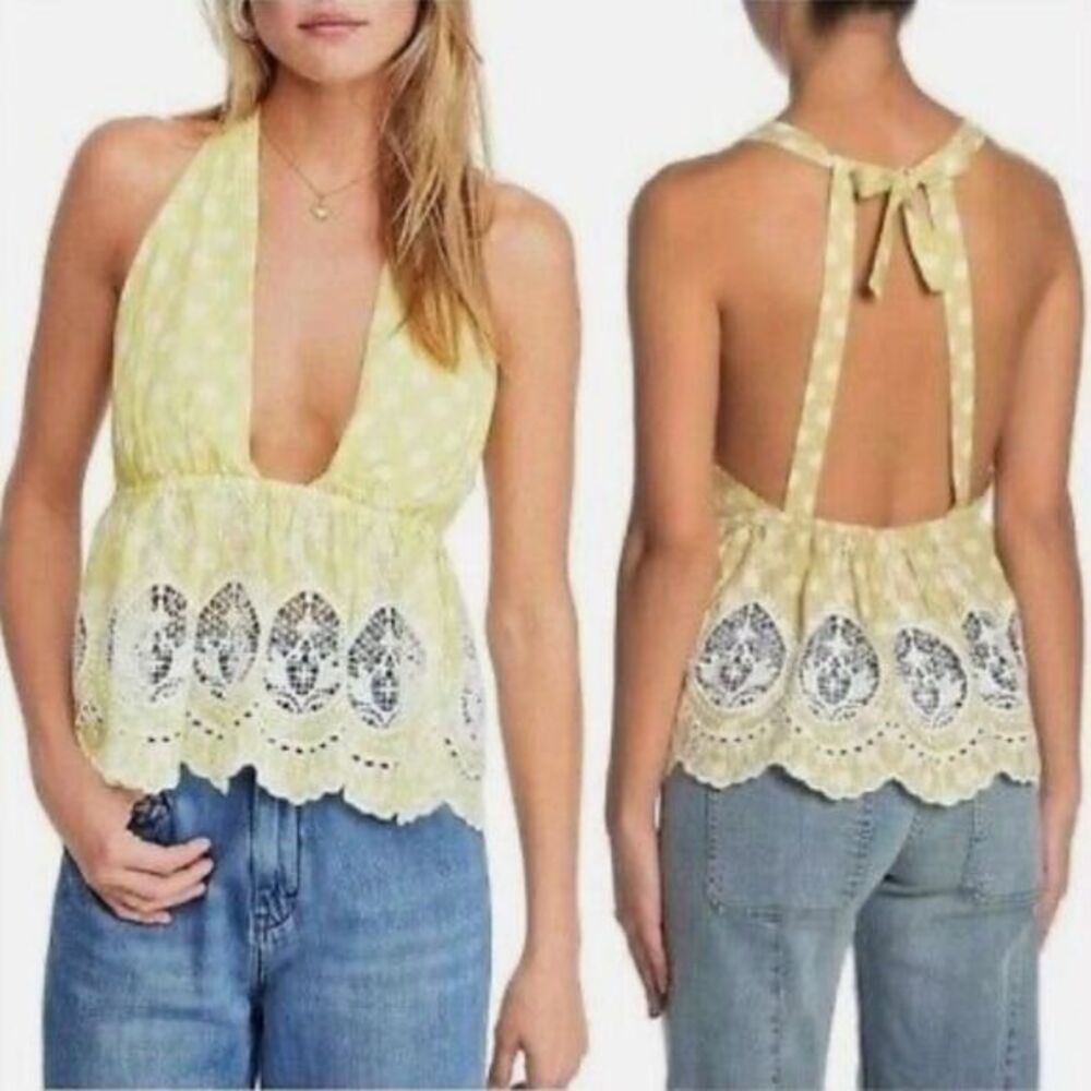 Free People M Lunch Date Yellow Polka Dot Halter Top Citron Plunge Coquette New